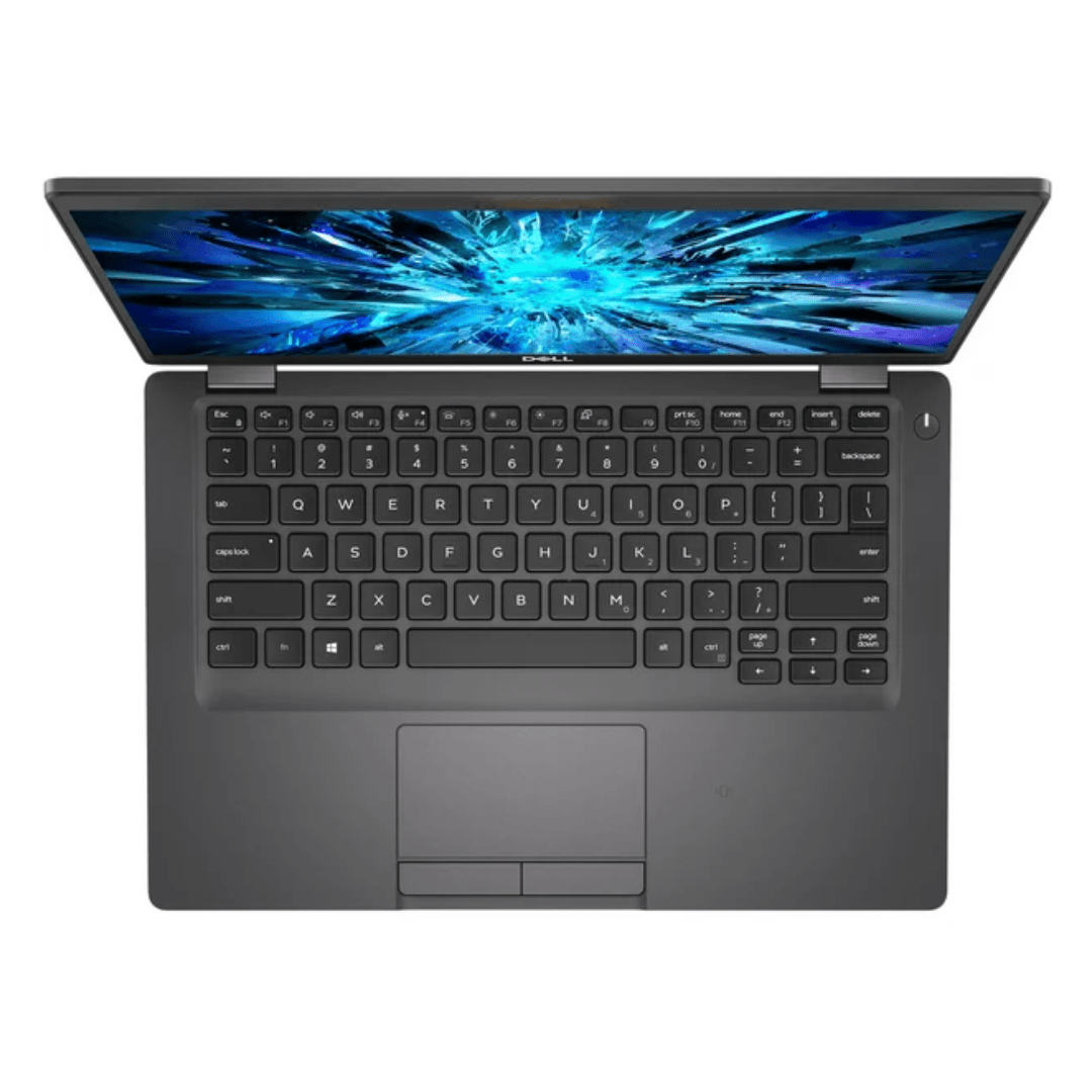 Overhead view of an opened Dell Latitude 5401 Laptop with clear view of the keyboard and trackpad.