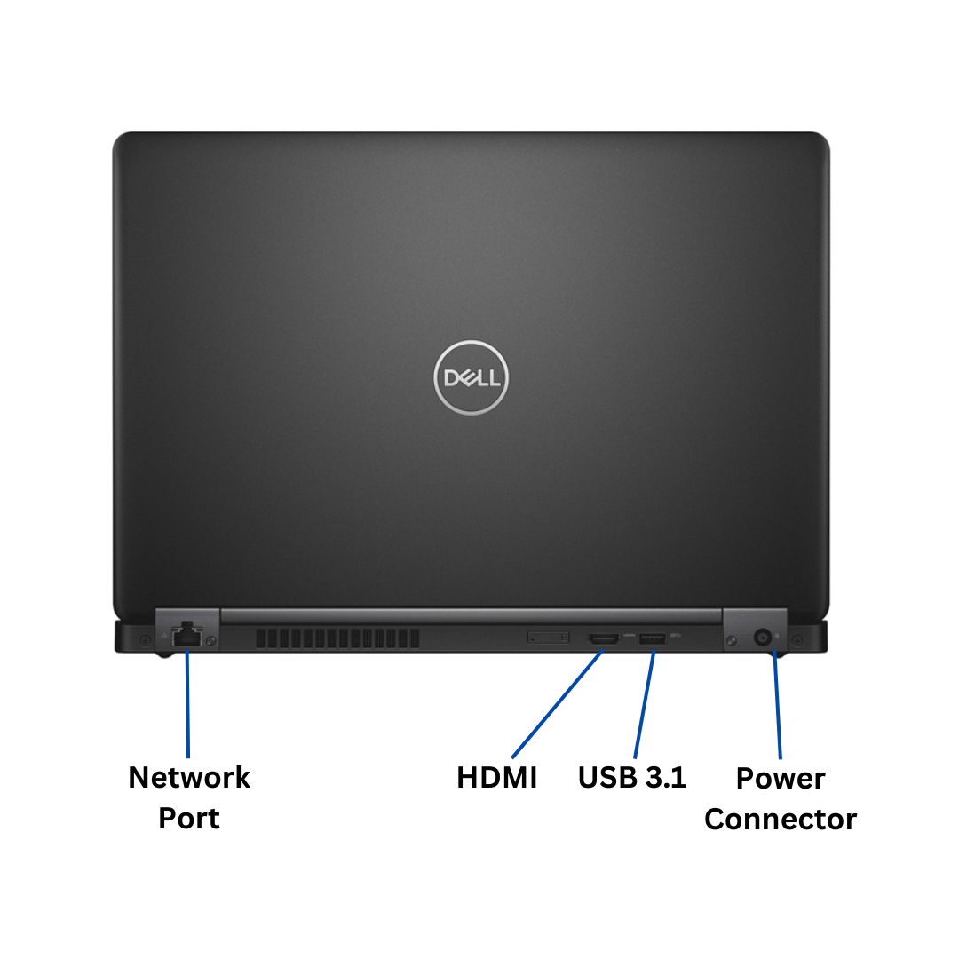 Rear view of an opened Dell Latitude 5490 Laptop port diagram, with all visible ports clearly labeled.