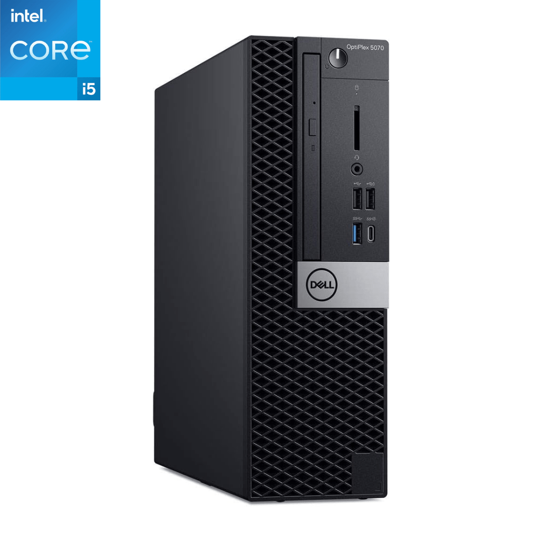 Front-facing view of an upright Dell OptiPlex 5070 Small Form Factor Desktop.