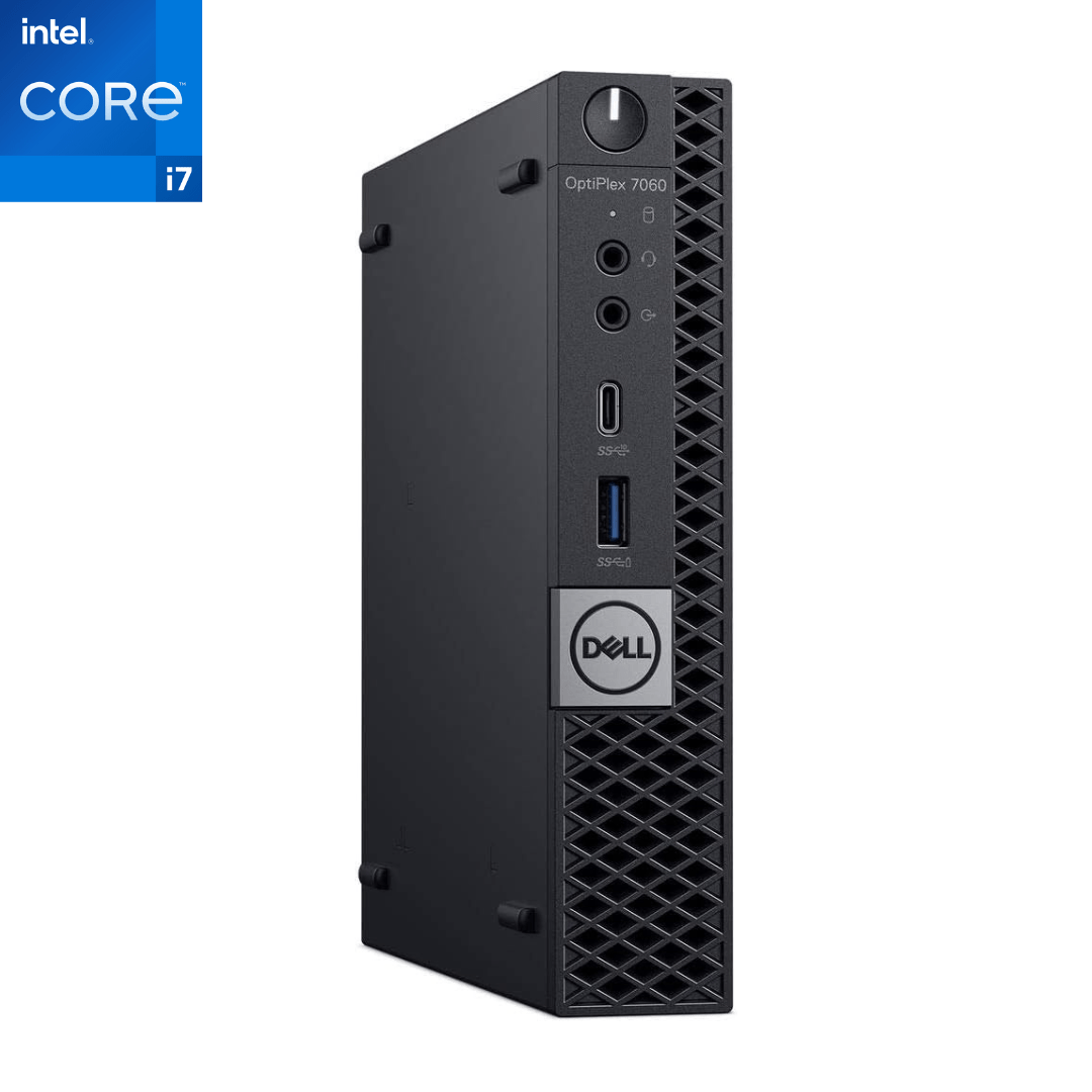 Main image of the front of a Dell OptiPlex 7060 Micro Form Factor i7 Desktop with an intel i7 icon in the top-left-corner.