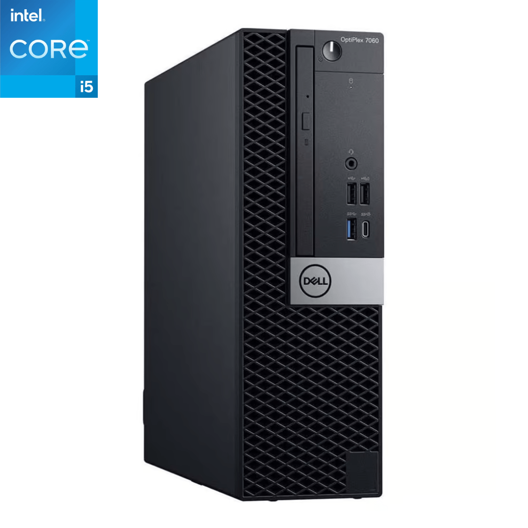 Main image of the front of a Dell OptiPlex 7060 Small Form Factor i5 Desktop with an intel i5 icon in the top-left-corner.