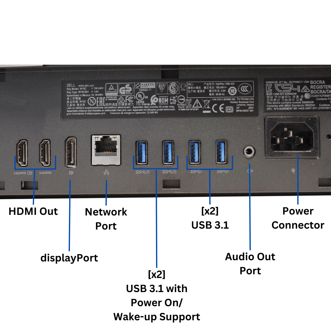 Port Diagram for the Dell OptiPlex 7460 All in One, with all visible ports clearly labled.