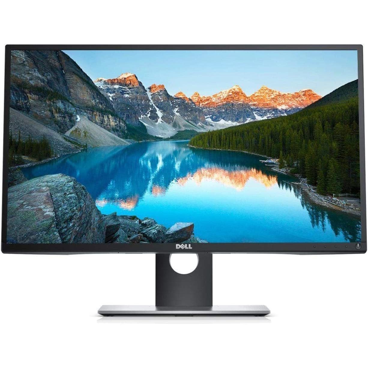 Front-facing view of an upright Dell Professional P2417H 24" Monitor, with the screen depiction some mountains by the lake.