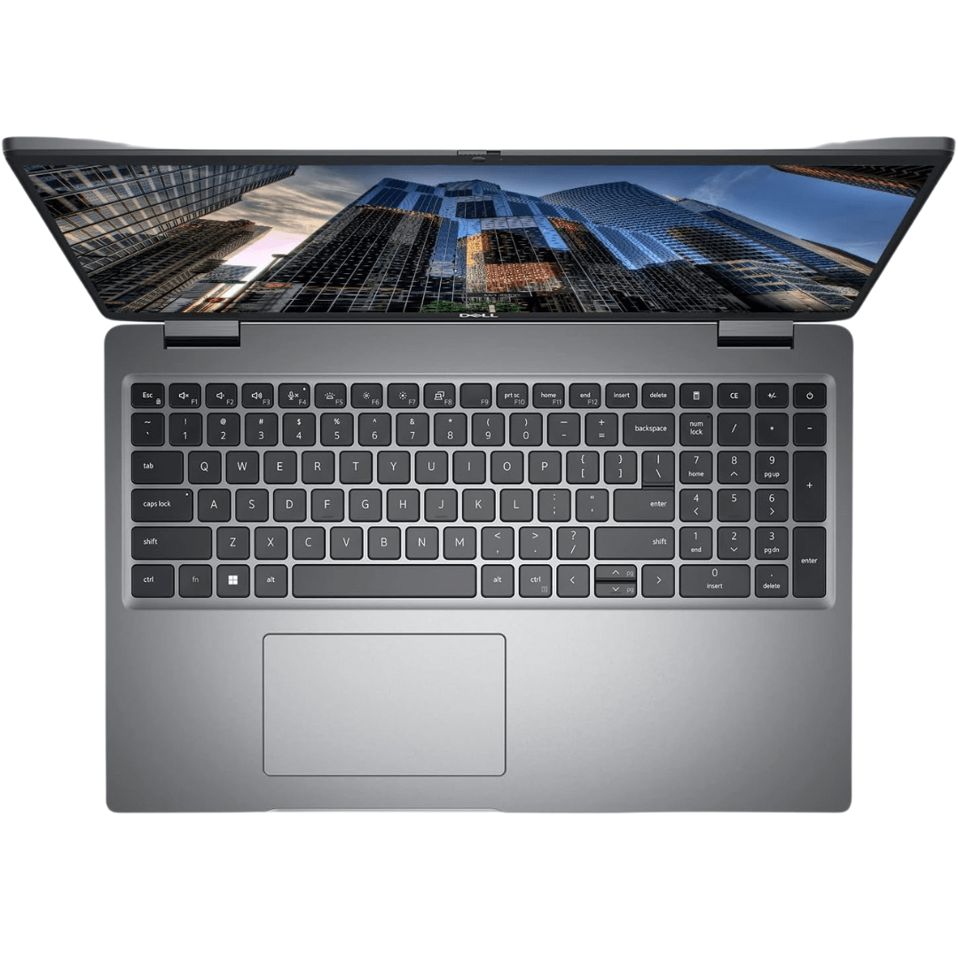 Overhead image of an opened Dell Latitude 5530 laptop, with keyboard, palmrest and touchpad visible.