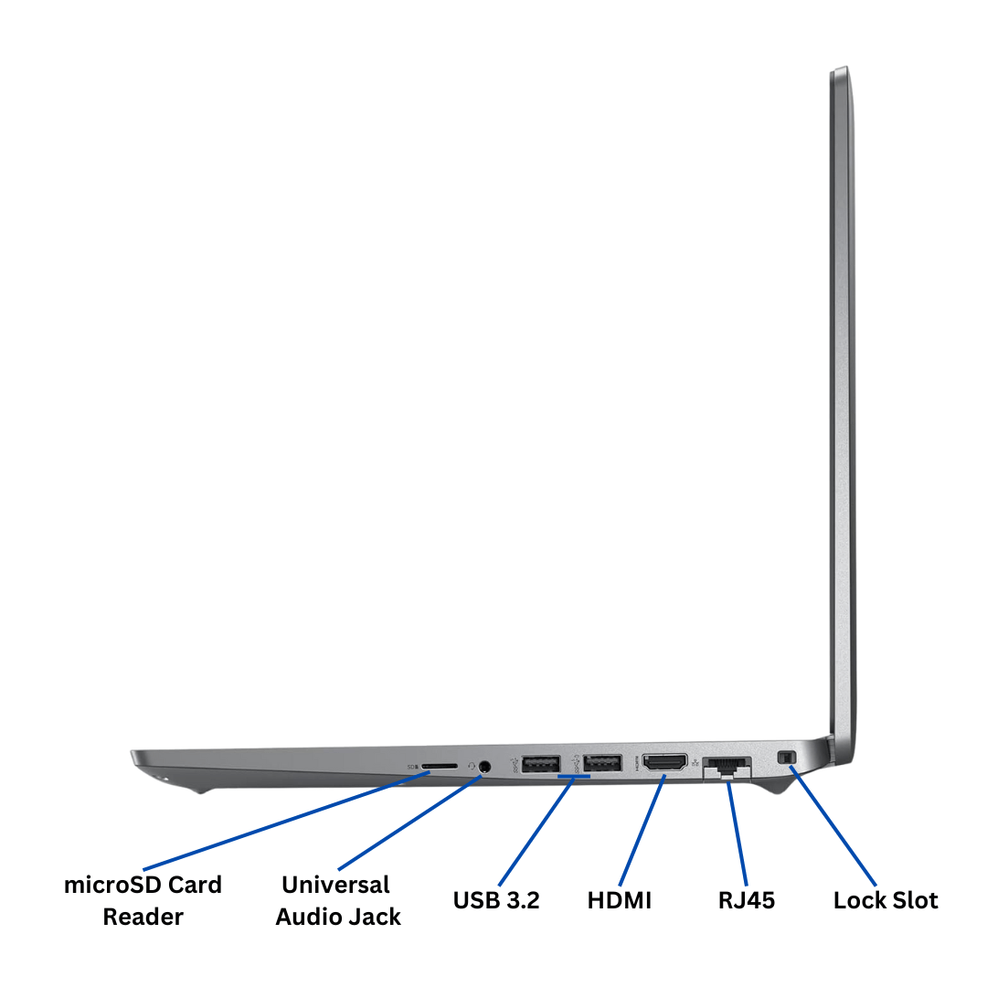 Right-side view of an opened Dell Latitude 5530 laptop port diagram, with all ports visible and clearly labeled.