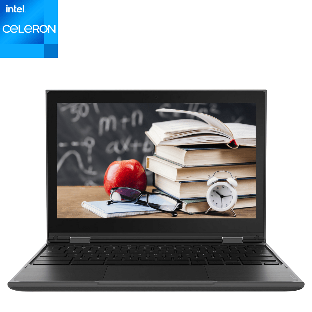 Main Front-facing image of an opened Lenovo Chromebook 300e Celeron Laptop, with school supplies displayed on the screen.