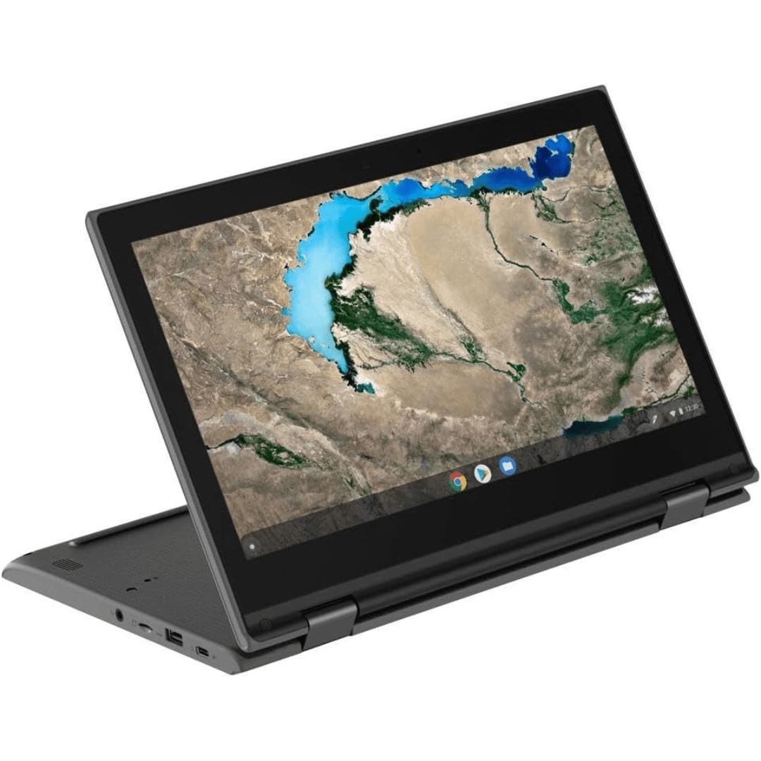 Image of the Lenovo Chromebook 300e 2-in-1 laptop with the touchscreen bent backwards till the keyboard acts as a stand.