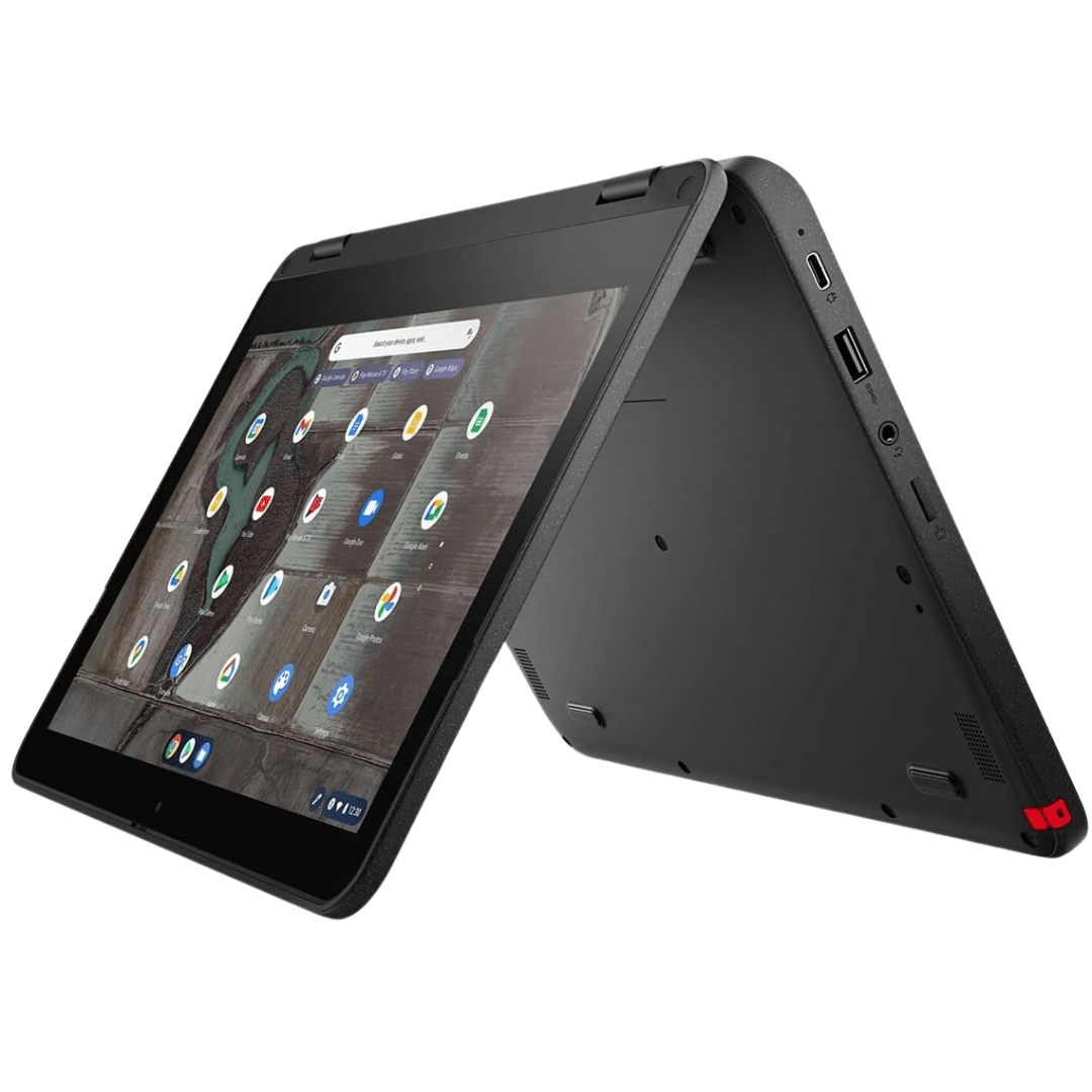 Image of the Lenovo Chromebook 500e G3 2-in-1 laptop, with an opened screen bent back to be in tent-stand mode.