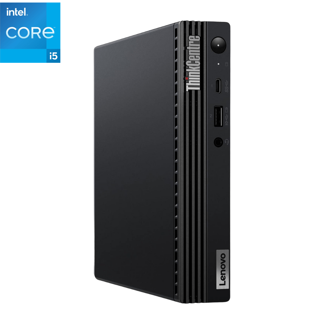 This is the main image for a listing showing an upright Lenovo ThinkCentre M70q G1 i5 Tiny desktop from CTI Electronics.