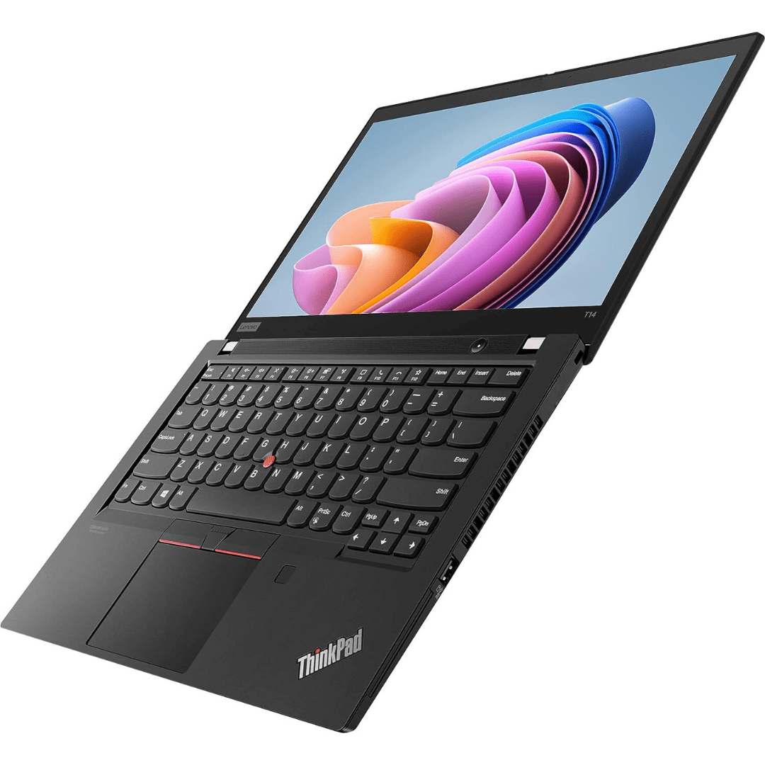 Image of a Lenovo T14 G2 Laptop that is fully opened till the screen is even with the keyboard.