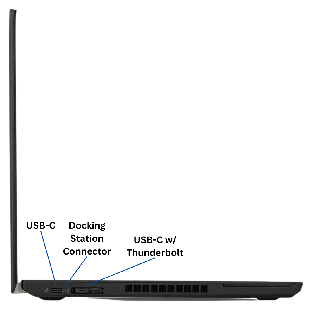 left-side view of an opened Lenovo ThinkPad T480 Laptop port diagram with all visible ports labeled.