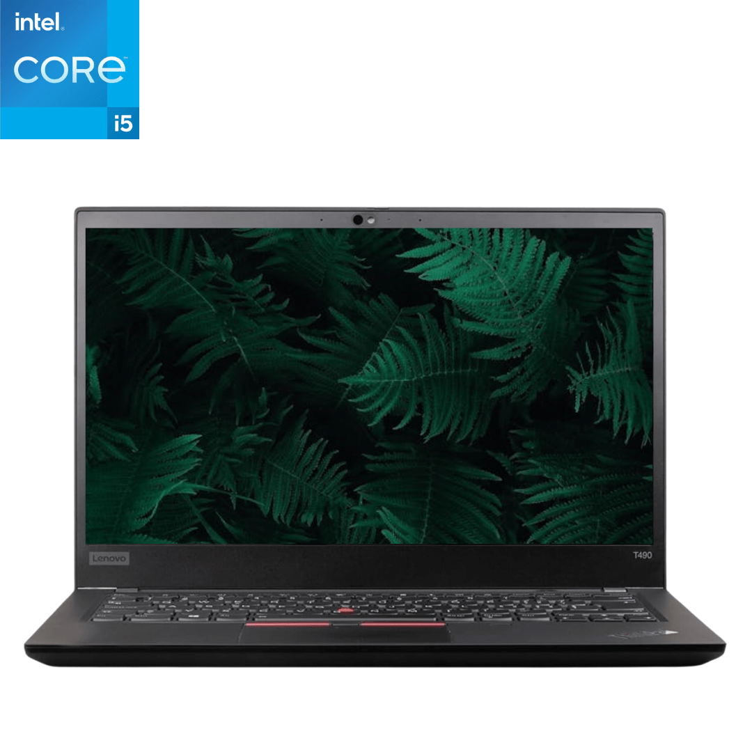 Main front-facing image of an opened Lenovo ThinkPad T490 i5 Laptop with forest foliage as the screen background.