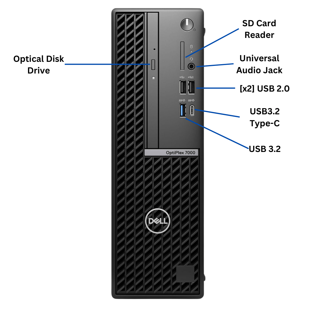 Front-facing view of the Dell OptiPlex 7000 SFF Port Diagram, with all ports in the front visible and clearly labeled.