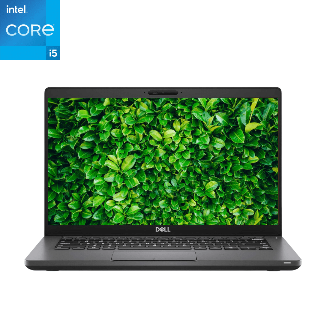 Front facing view of an opened Dell Latitude 5400 Laptop, with the screen depicting bush foliage.