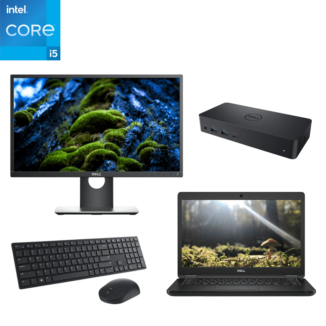 Image of a Dell Latitude 5490 i5 laptop, P2217H monitor, D6000 docking sattion and KM5221 keyboard/mouse bundle.