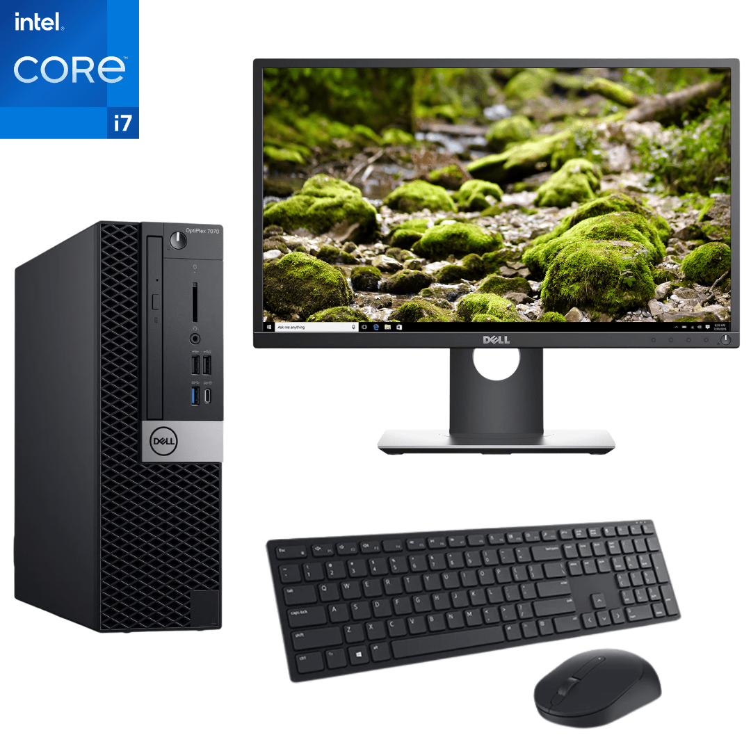 Image of the Dell OptiPlex 7070 SFF i7 Desktop Bundle, that comes with P2217H monitor and a Dell KM5221 Wireless Keyboard/Mouse. 