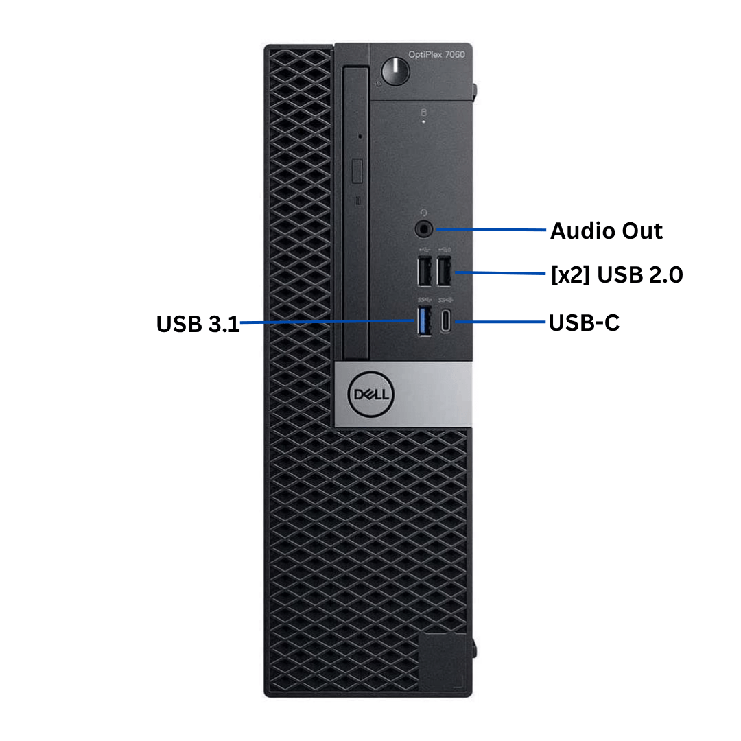 Front-side view of an upright Dell OptiPlex 7060 Small Form Factor desktop Port diagram, with all front side ports visible and clearly labeled.