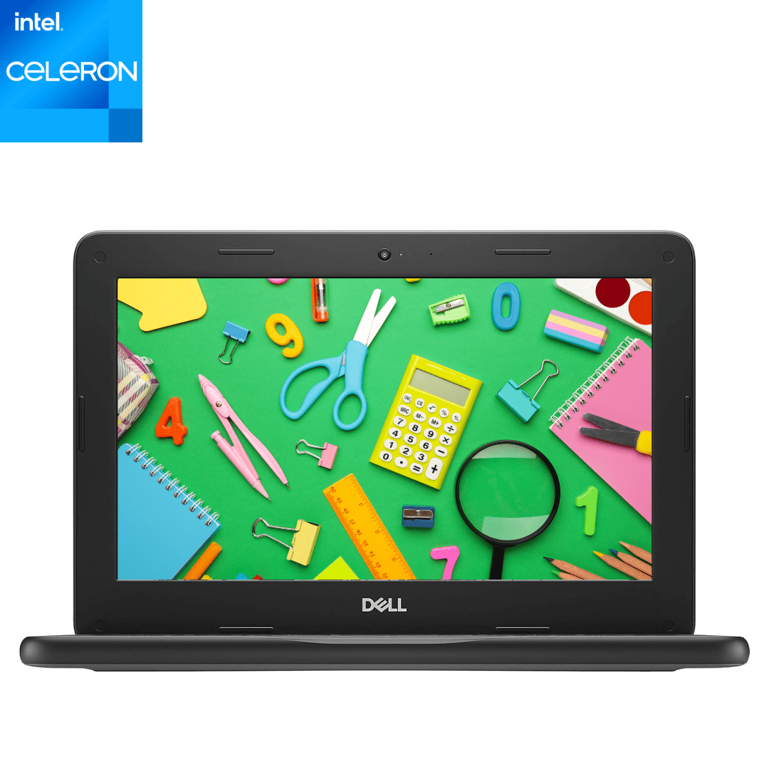 Front-facing view of an opened Dell Chromebook 3100 Celeron Laptop, with school supplies displayed on the screen.