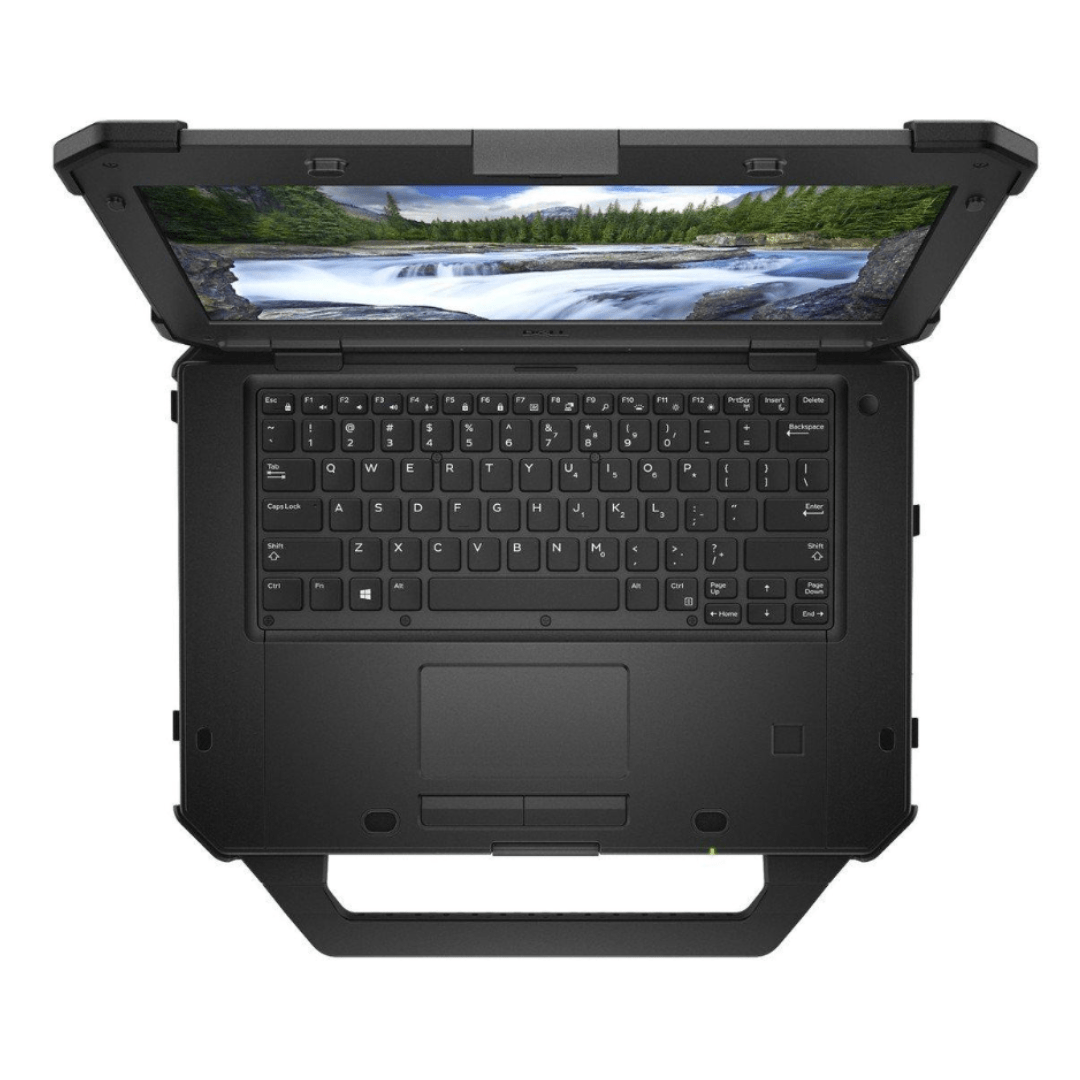 Overhead image of an opened Dell Latitude 5420 Rugged Laptop showing the keyboard and trackpad.
