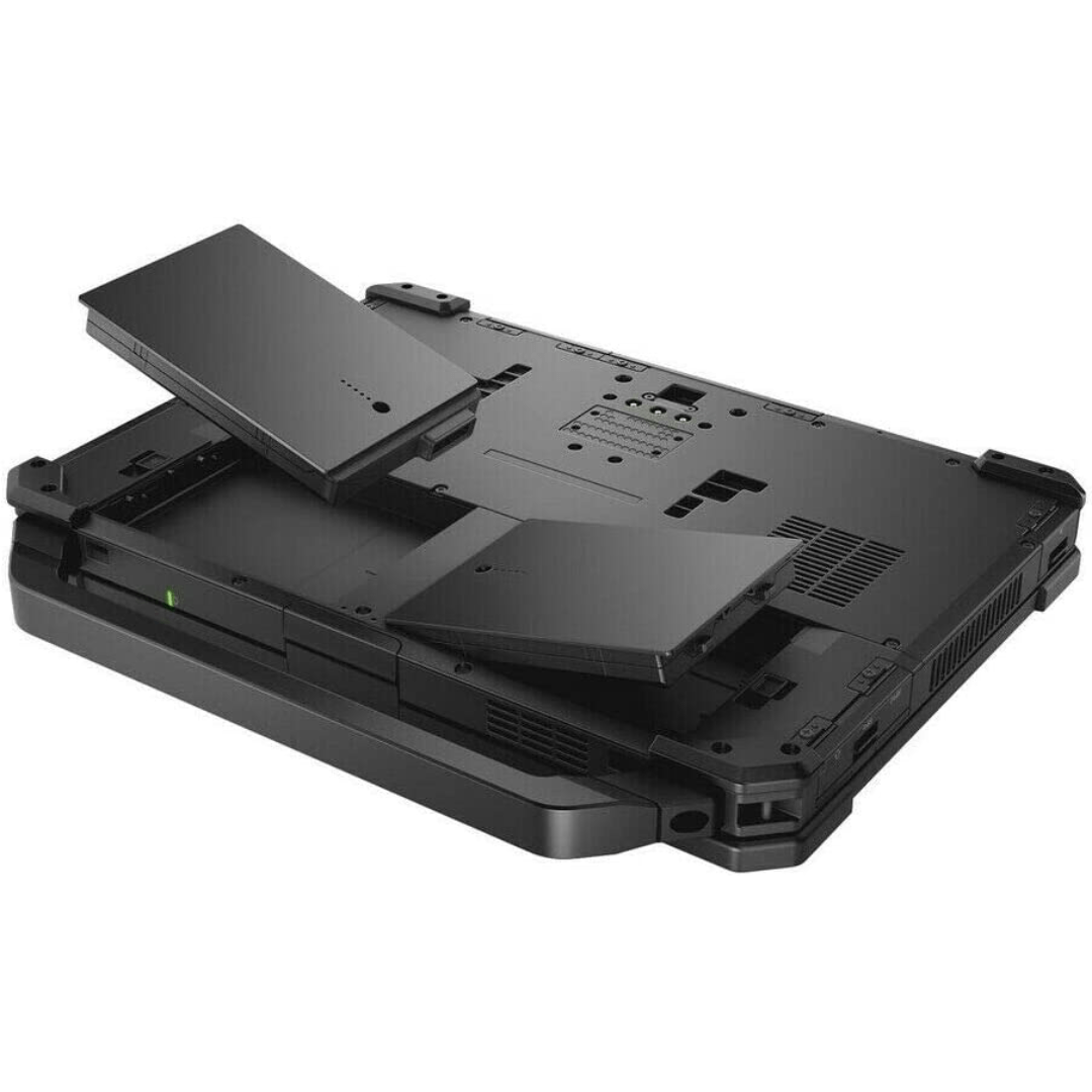 Image of a Dell Latitude 5420 Rugged Laptop that has been flipped upside down to show that this unit has two batteries.