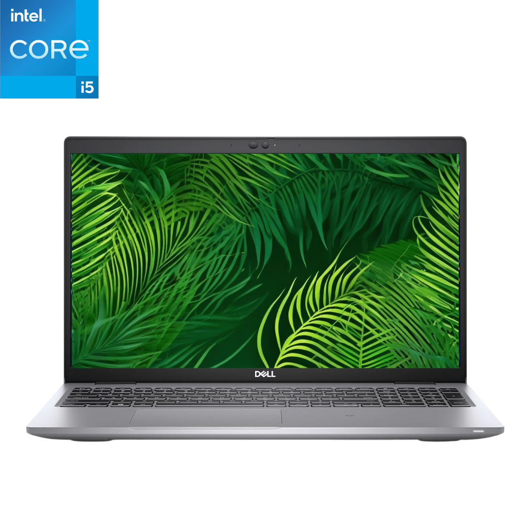 Front-facing view of an opened Dell Latitude 5520 i5 Laptop, with foliage displayed on the screen.