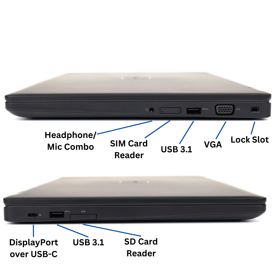 Left and right views of a closed Dell Latitude 5590 Laptop port diagrams, with ports clearly labeled.