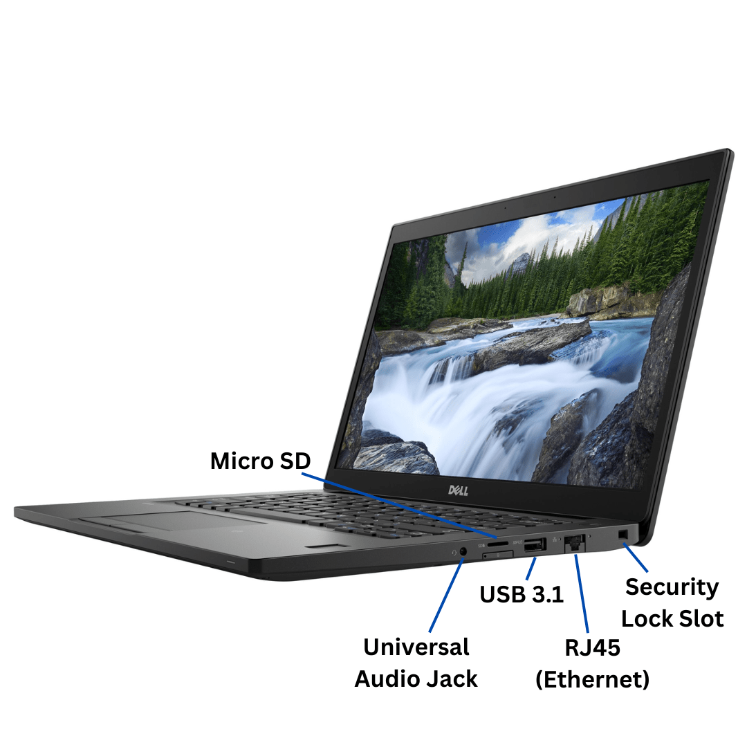 Right-side view of an opened Dell Latitude 7490 Laptop port Diagram, with all visible ports clearly labeled.