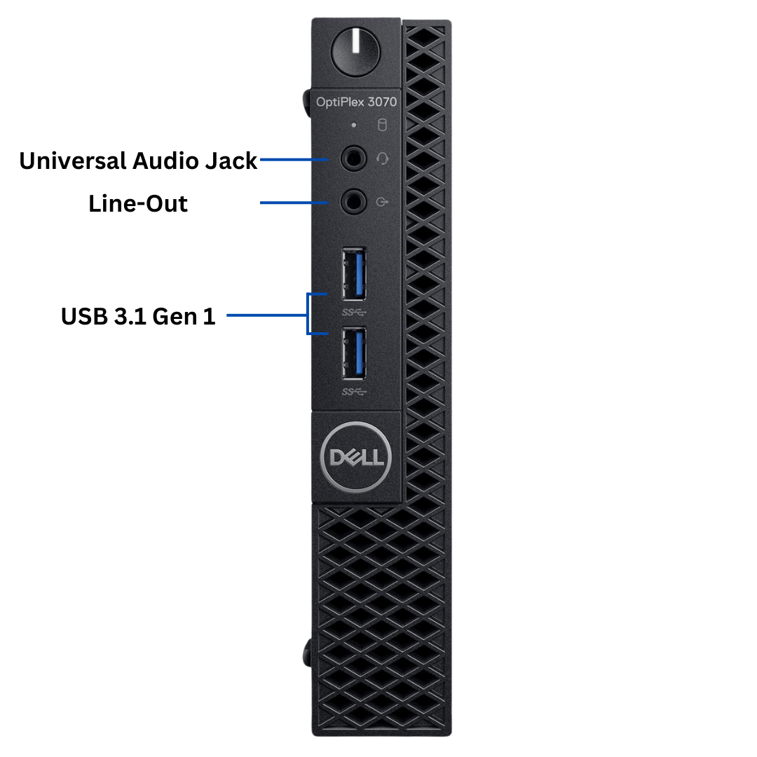 Front view of Dell OptiPlex 3070 Micro Form Factor desktop port diagram.