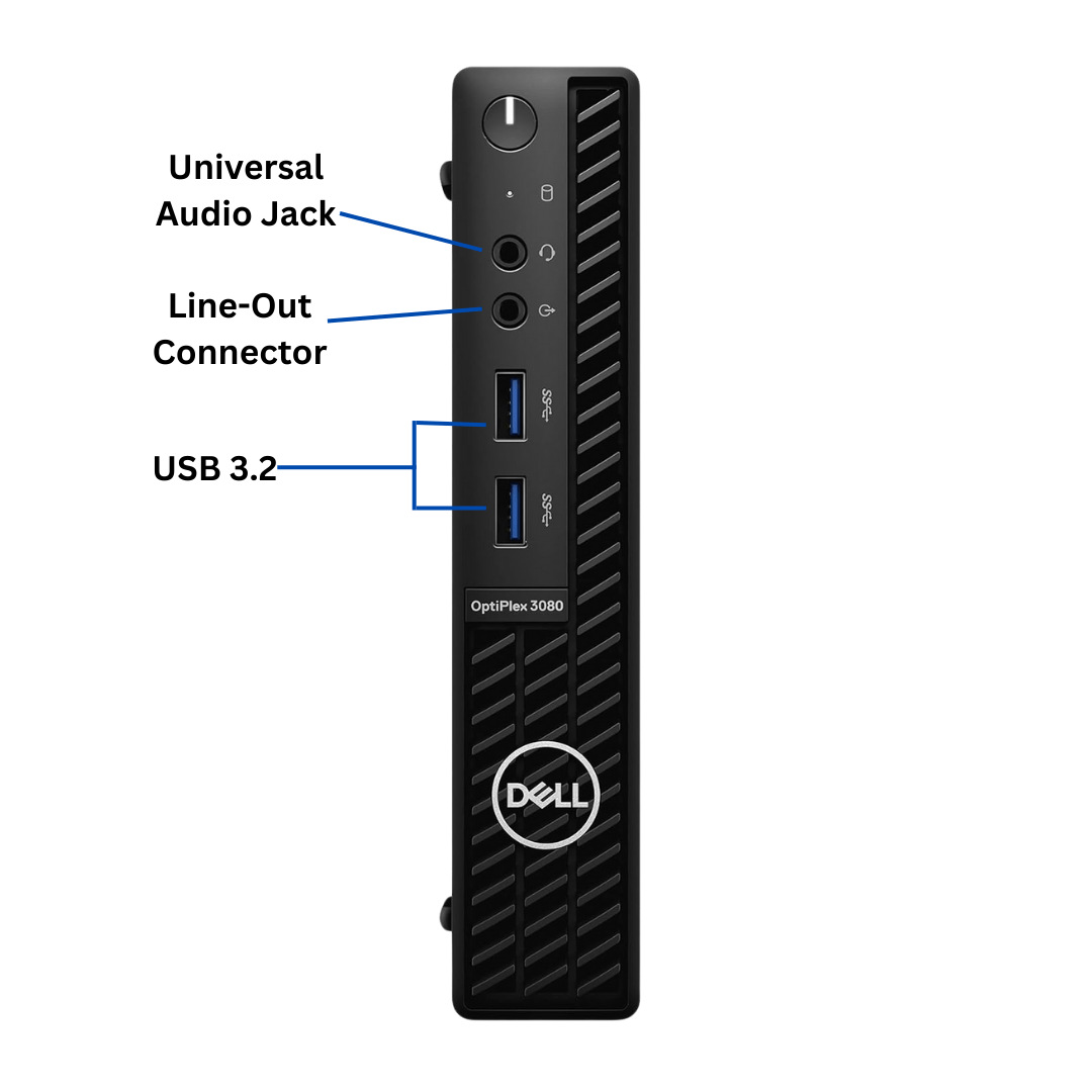 front-facing Image of a Dell OptiPlex 3080 Micro Form Factor Desktop port diagram, with all ports visible and clearly labeled.