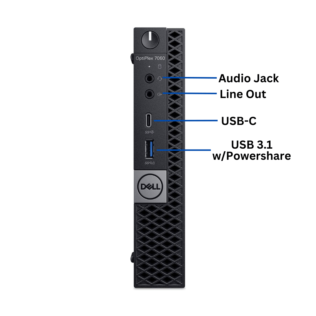 Dell OptiPlex 7060 Micro Form Factor Front desktop Front-side Port Diagram View.