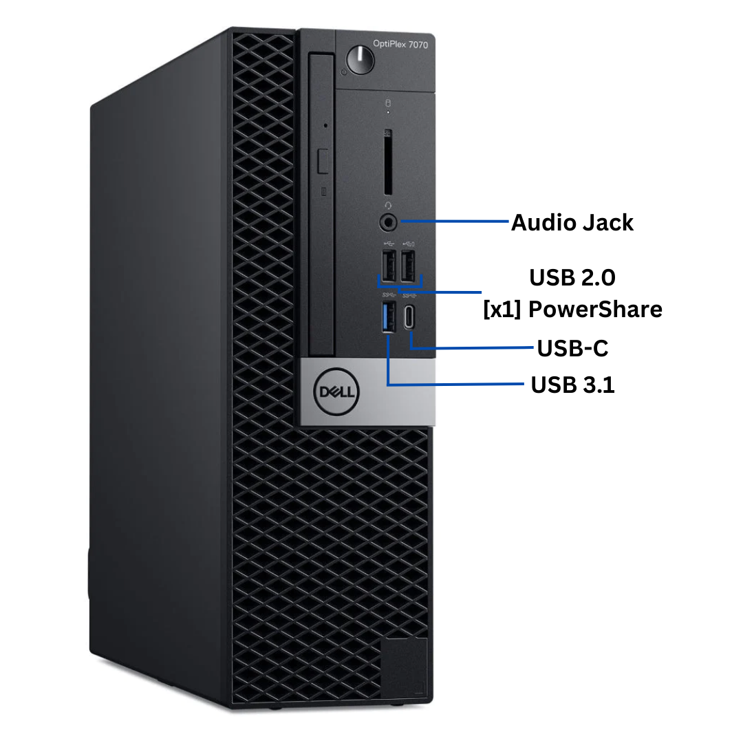 Front view of the Dell OptiPlex 7070 Small Form Factor Desktop port diagram, with all visible ports clearly labeled.
