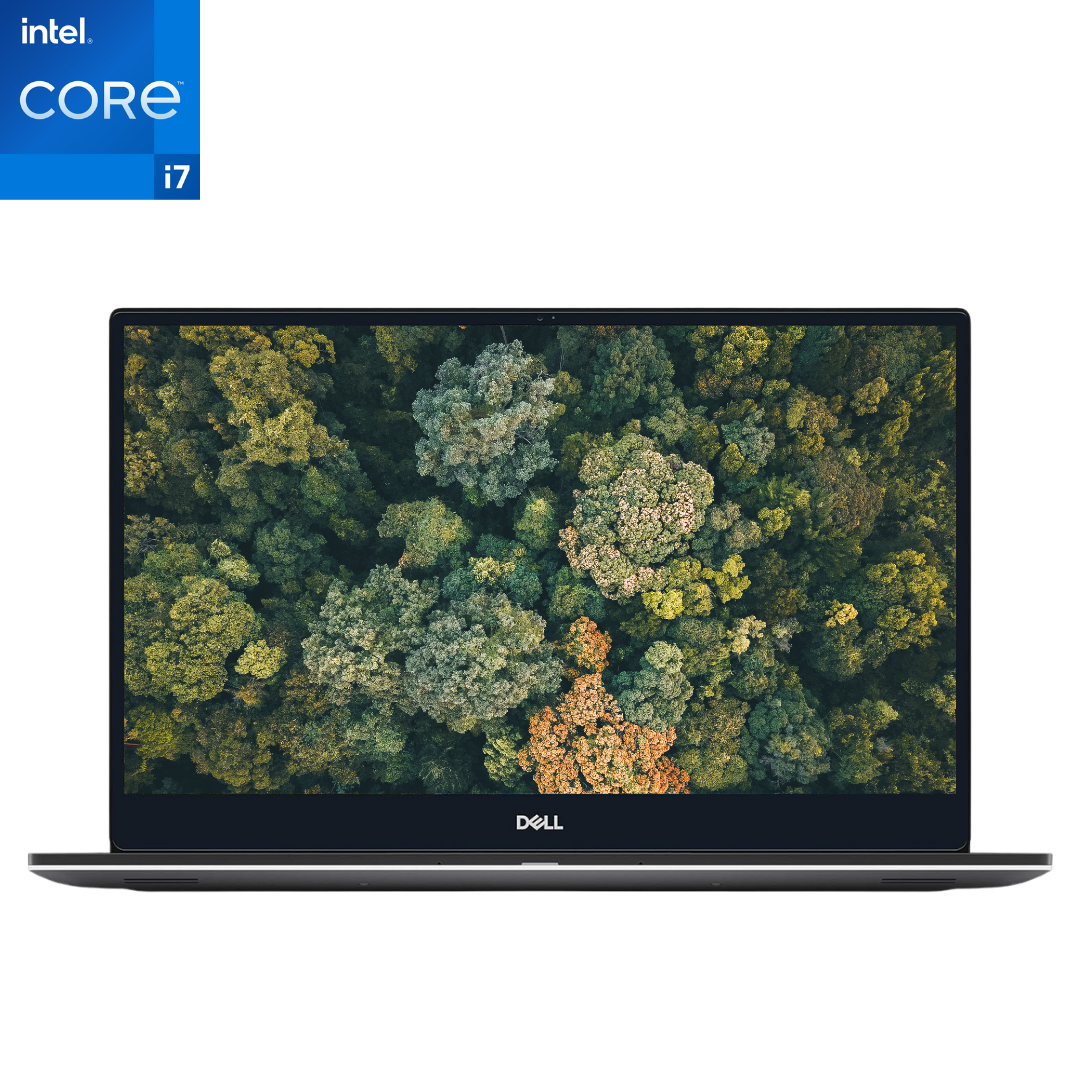 Front-facing view of an opened Dell Precision 5540 i7 Laptop, with foliage displayed on the screen.