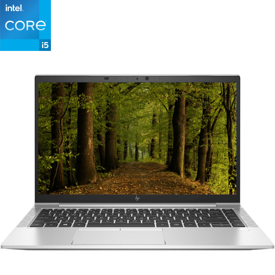 Main, front-facing image of an opened HP EliteBook 840 G8 i5 laptop.