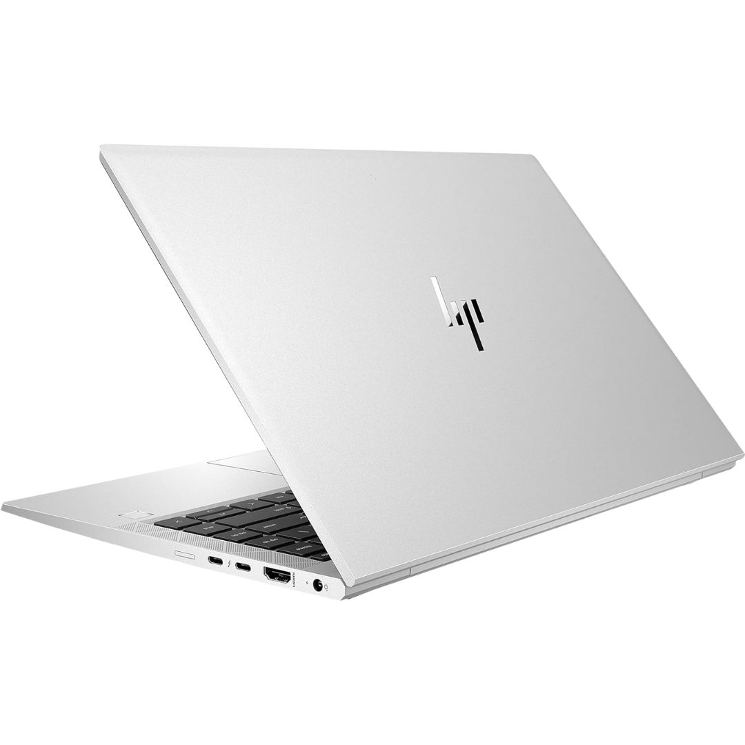Rear-facing image of an opened HP EliteBook 840 g8 laptop, with logo visible on the lid.