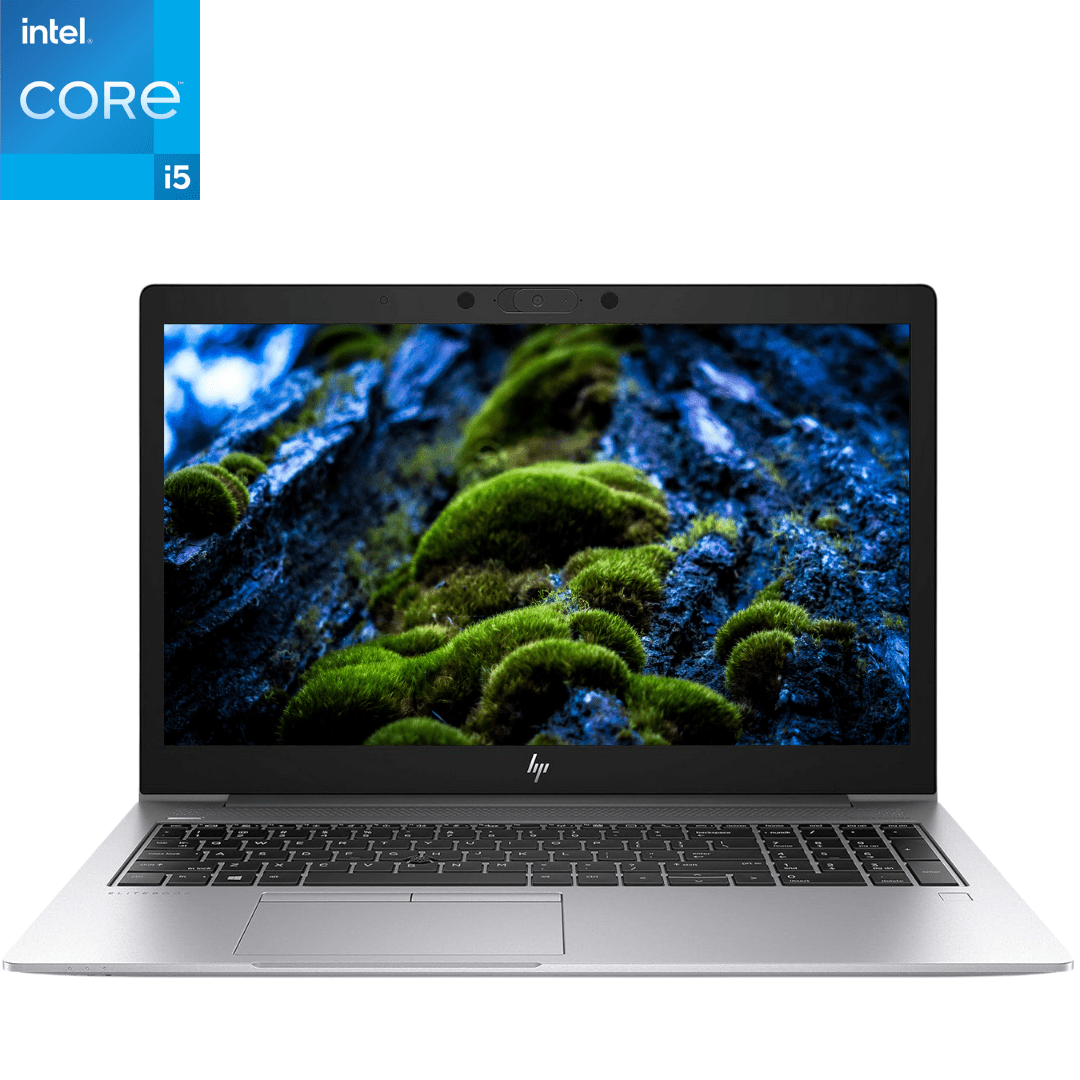 Main, front-facing image of an opened HP EliteBook 850 G6 i5 laptop.