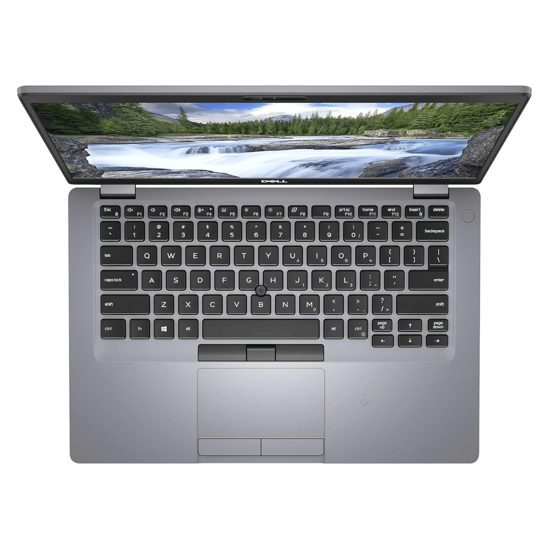 Overhead image of a Dell Latitude 5410 i5 laptop keayboard and touchpad.