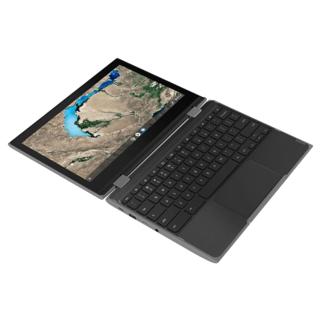 Image of the Lenovo Chromebook 300e G2 2-in-1 laptop with the screen opened all the way till flat.