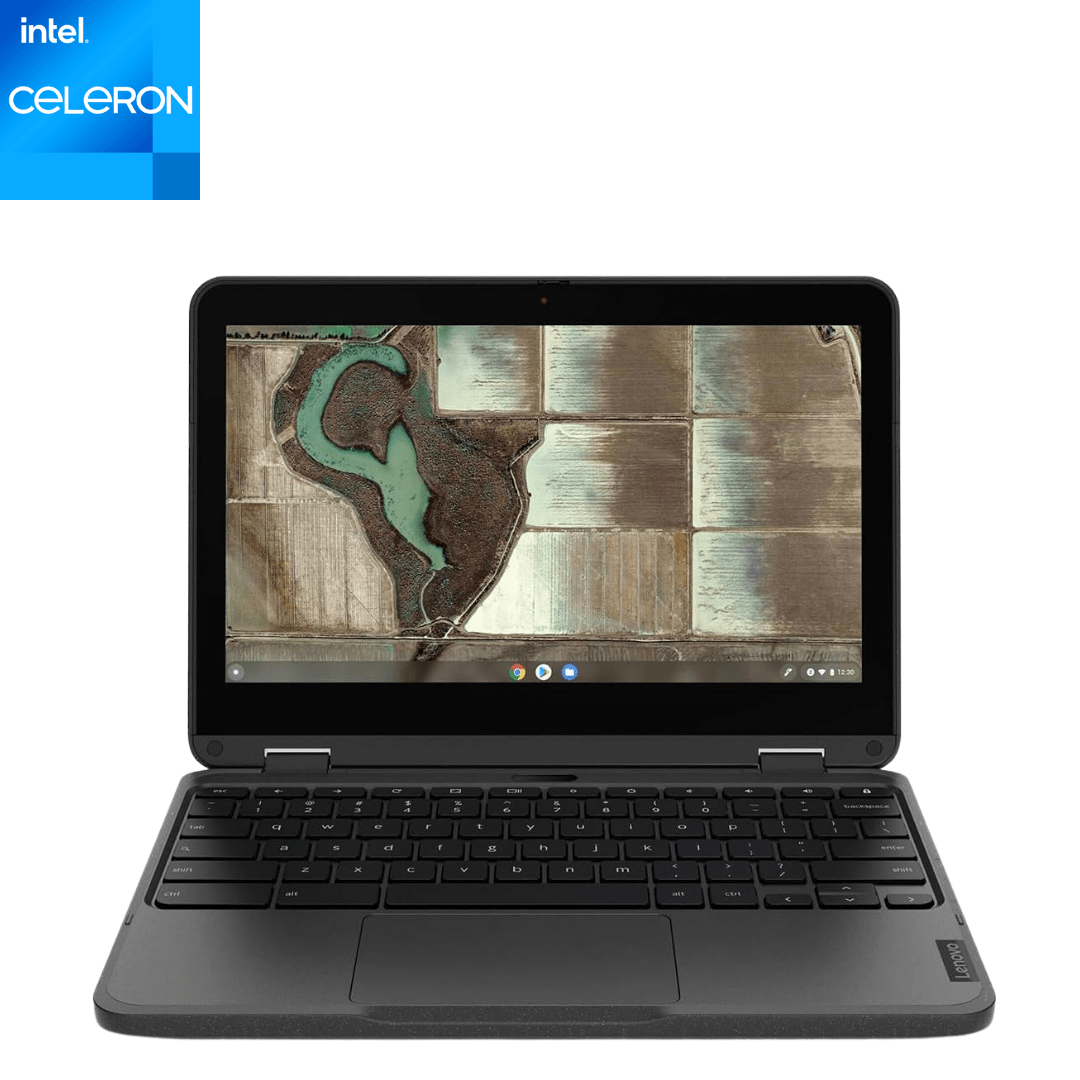 Front-facing view of an opened Lenovo Chromebook 500e Celeron 2-in-1 Laptop, with school supplies displayed on the screen.