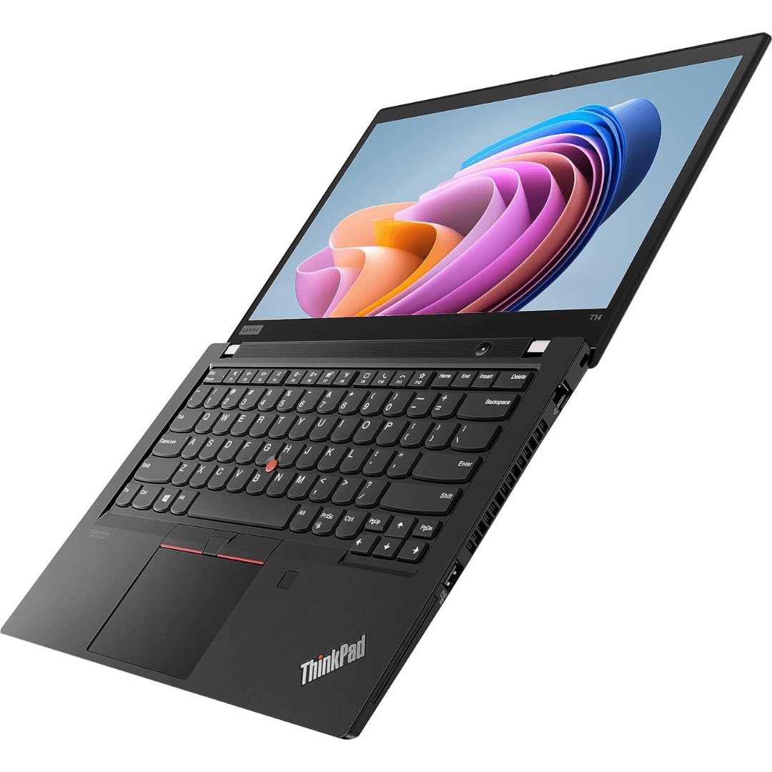 Image of a Lenovo ThinkPad T14 G1 Laptop that is fully opened till it is flat so that the screen is flush with the keyboard.