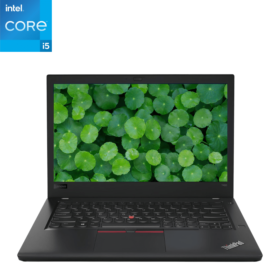 Main front-facing image of an opened Lenovo ThinkPad T480 i5 Laptop with lily pads on the screen background.