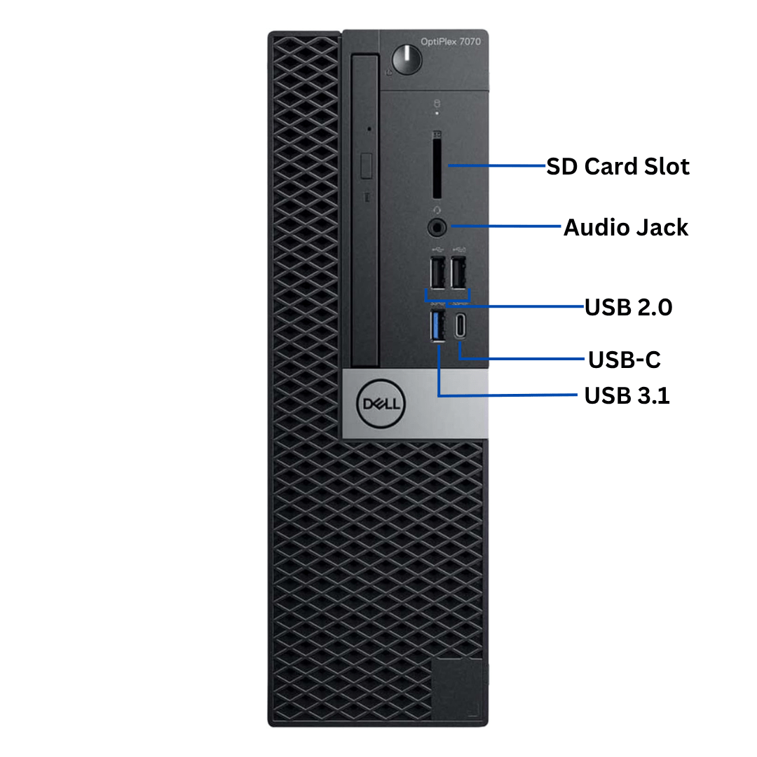 Front view of the Dell OptiPlex 7070 Small Form Factor Desktop port diagram, with all front-side ports visible and clearly labeled.